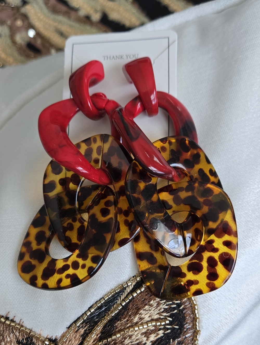Red and Tortoiseshell Animal Print Dangle Chain Earrings
